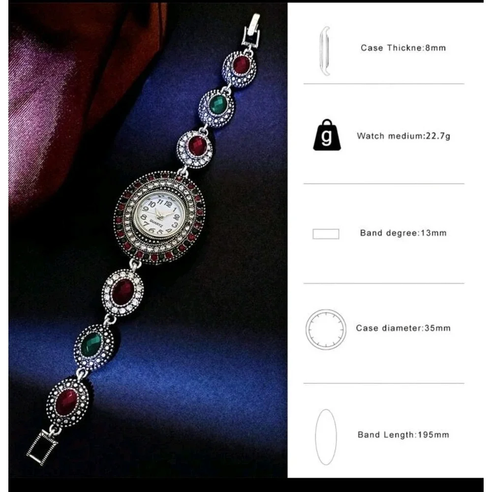 Vintage-Inspired Gemstone Bracelet‎ Watch – Red & Green Accents
